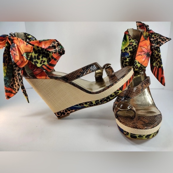 NWT Carlos Falchi Cruz Wedge Sandals 9.5 Multi Animal Print Ribbon Raffia Heel - Picture 2 of 10